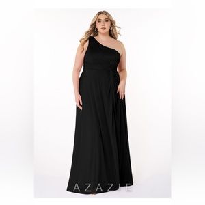 NWT Azazie Brooke black mesh one shoulder floor length  bridesmaid dress.